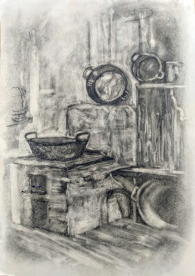 Zeichnung von einer alten Küche gemalt von Julia Bauernfeind